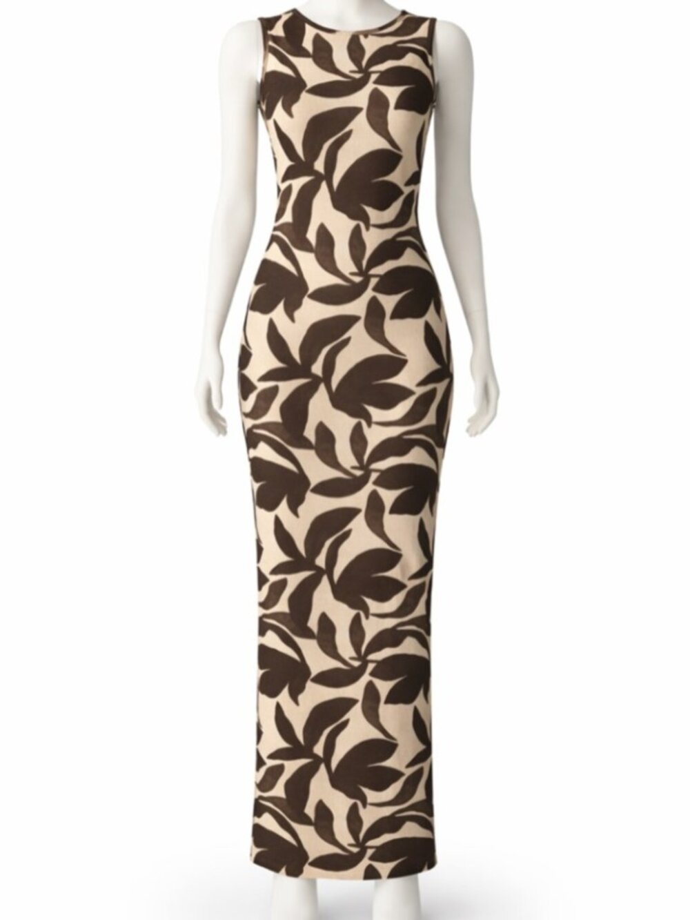 Sleeveless Beige Maxi Dress with Black Leaf Print